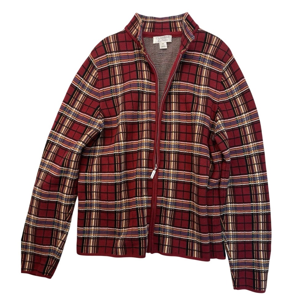 Y2K Red Plaid Zip Cardigan Womens Medium Tartan Grunge 2000s Knit